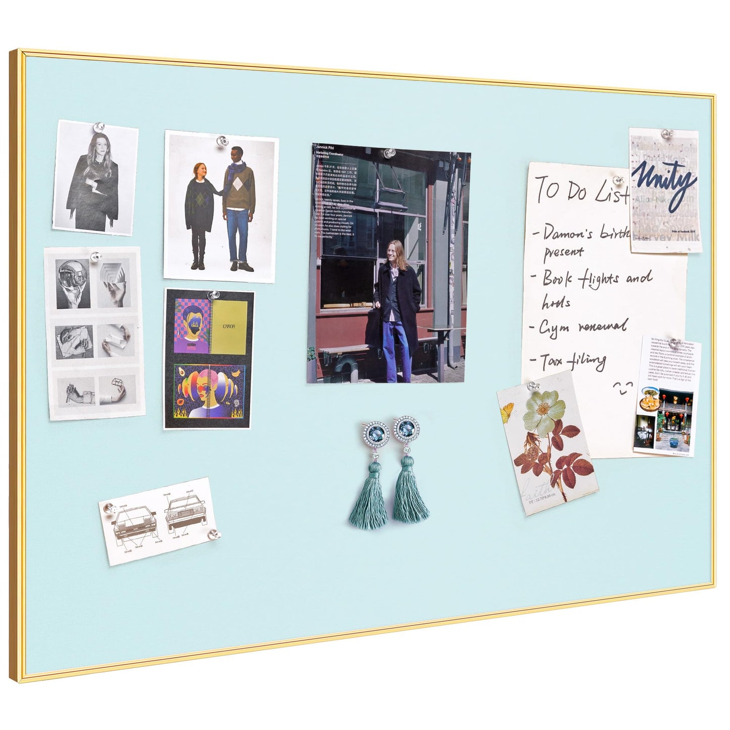 Lightomorrow Bulletin Board 30 x 20 inches, Light Blue Pin Board, Golden Aluminum Framed Fabric Cork Board with 10 Push Pins