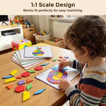 LovesTown Wooden Pattern Blocks Set for Kids, Geometric Shapes with Learning Cards, 150 PCS Educational Puzzle Toy