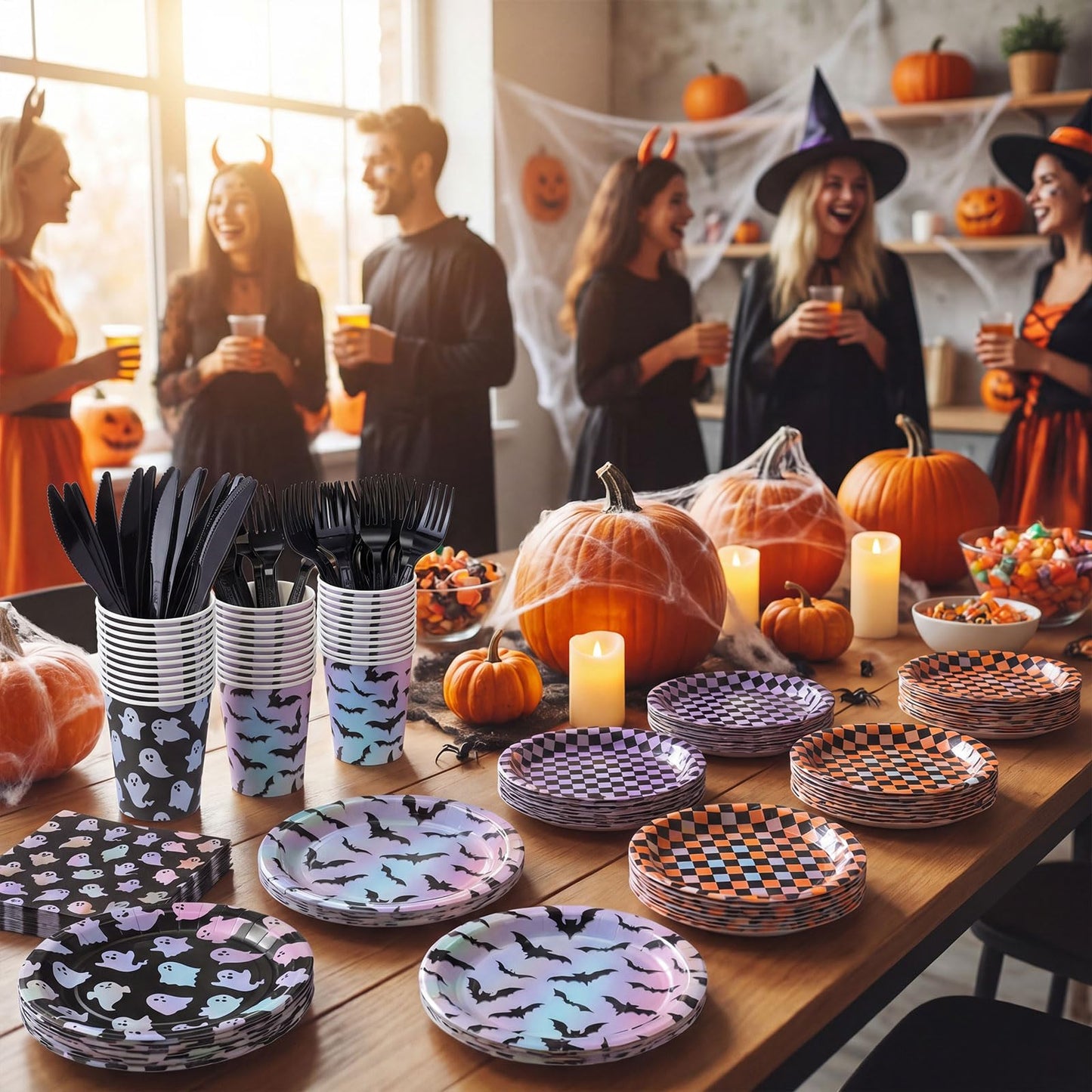 Yungyan 24 Set Summer Halloween Paper Plates and Napkins Cups with Forks and Knives Summer Halloween Disposable Dinnerware Set for Ghost Spooky Boo Birthday Shower Party Decoration(Laser)