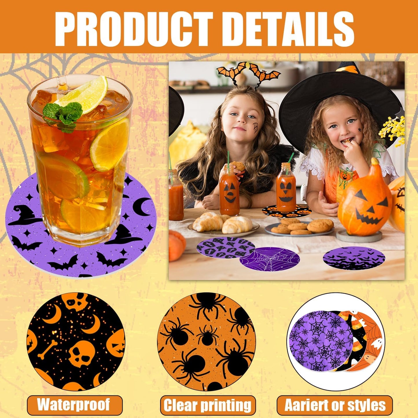 Denylo pro 120Pcs Halloween Disposable Paper Coasters 4 Inch Halloween Bat Spider Pumpkin Ghost Drink Paper Coaster for Halloween Home Kitchen Office Housewarming Party Table Decoration Supplies