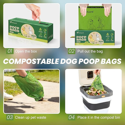Compostable Dog Poop Bags-300 Bags 1Rolls, Poop Bags for Dogs Made of Cornstarch, Unscented, Ideal for Backyard or Home and Cat Litter Disposal