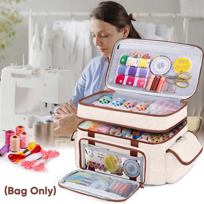 AMOIGEE Large 15" Double-Layer Sewing Storage Bag with Detachable Diviers – Large Sewing Organizer with Shoulder Strap, Elastic Loops for Sewing Supplies, Tools & Accessories