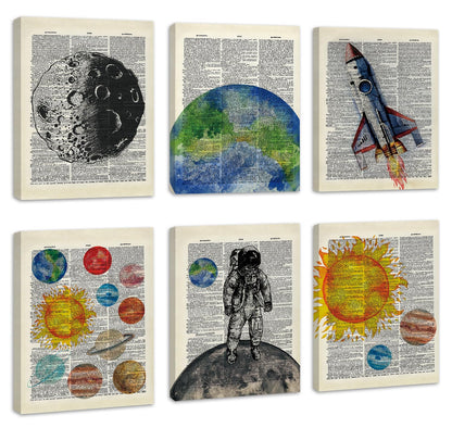 CHDITB Space Exploration Canvas Wall Art, Solar System Wall Decor, Set Of 6 Dictionary Outer Space Poster With Frame Astronaut Wall Art Universe Art Prints For Kids Room Nursery Decor (8x10 Inches)