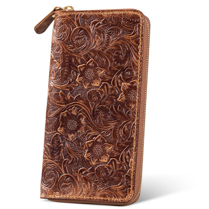 RMAWRAD genuine leather long bi-fold wallet/card holder, unisex, made of embossed buffalo leather, with card slots and a coin purse, brown.
