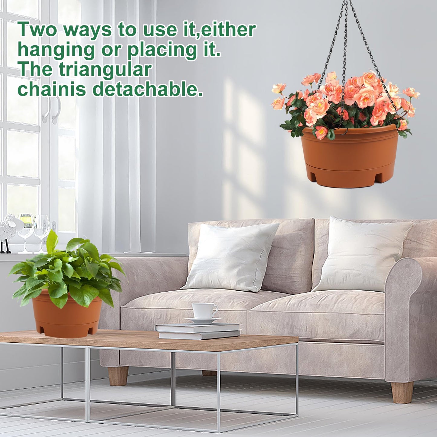 12 Inch Large Hanging Planters for Ootdoor Plants, 4 Pack Plastic Hanging Basket Pots with Drainage Trays & Chain, Hanging Pots for Plants Indoor Outdoor Garden Balcony Decoration (Terracotta)