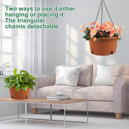 12 Inch Large Hanging Planters for Ootdoor Plants, 4 Pack Plastic Hanging Basket Pots with Drainage Trays & Chain, Hanging Pots for Plants Indoor Outdoor Garden Balcony Decoration (Terracotta)