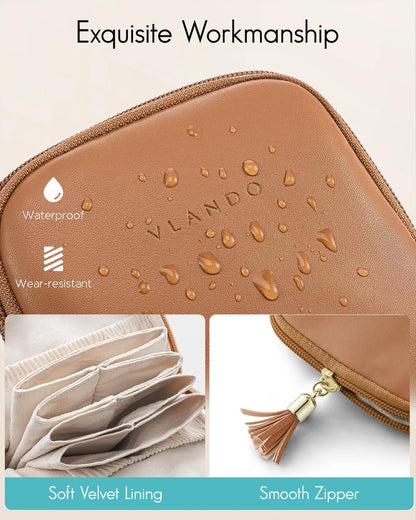 VLANDO Small Travel Jewelry Case,Jewelry Pouch Bags with Zipper,Velvet Jewelry Organizer Storage Bag for Bracelet Rings Earring-Brown