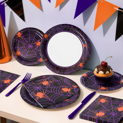 Watch Me Fly 75pcs Spider Party Supplies - Disposable Spider Web Paper Plates & Napkins (25pcs 9" & 7" Plates, 25pcs Napkins) for Birthdays, Halloween, Birthday, and Parties Decoration