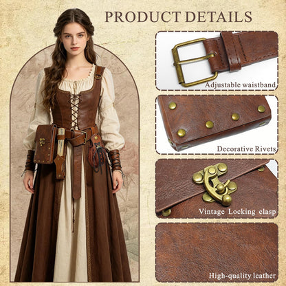 5PCS Renaissance Accessories, Medieval Viking Leather Belt Set Phone Pouch, Waist Bag, Keychain, Fan Case & Belt for Halloween Cosplay LARP Ren Faire Pirate Costume Accessories, Brown