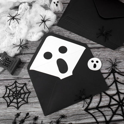 Whaline 50Pcs Halloween Envelopes White Black Ghost Invitation Envelope with Sticker Spooky Boo V-Flap Greeting Card Holders Gift Card Sleeves for Trick or Treat, 5 x 7 Inch