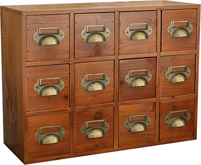 12-Drawer Apothecary Cabinet - Index Card Organizer - Mahogany Wooden Card Catalog - Fits Standard US 3x5in Index Cards - Vintage Desktop Drawer Organizer for Tea, Herbs, and Office Supplies