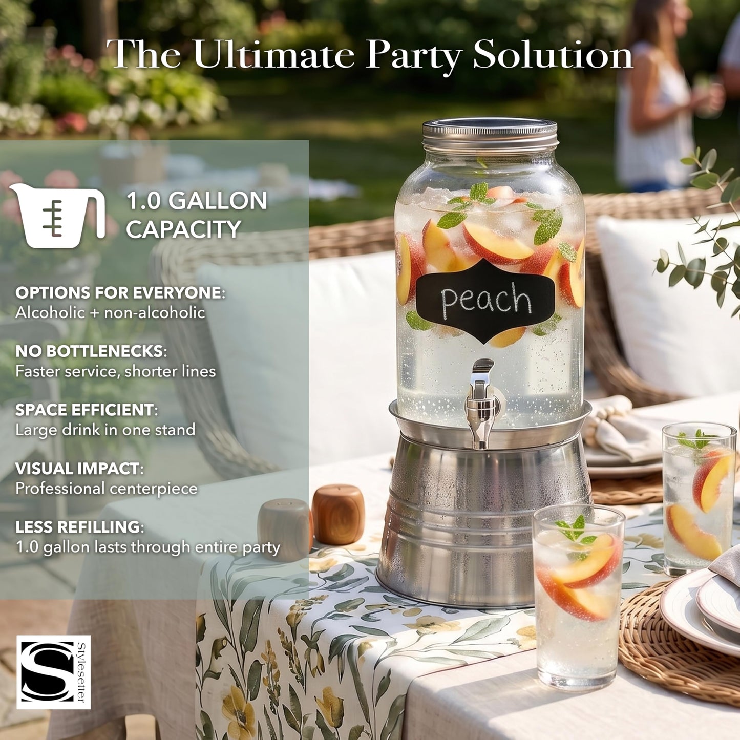 Style Setter Bristol Beverage Dispenser with Blackboard and Ice Bucket Stand Cold Drink Wine Juice with 1 Gallon Capacity Glass Jug and Leak-Proof Acrylic Spigot Great for Parties, Weddings and More