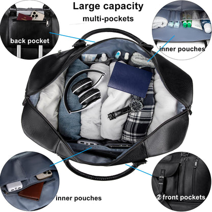 weiatas Faux Leather Travel Duffel Bag for Women Men, Large Weekender Overnight Bag with Shoes Compartment, Waterproof Carry On Bag Travel Tote Bag Gym Bag with Luggage Strap (Black)