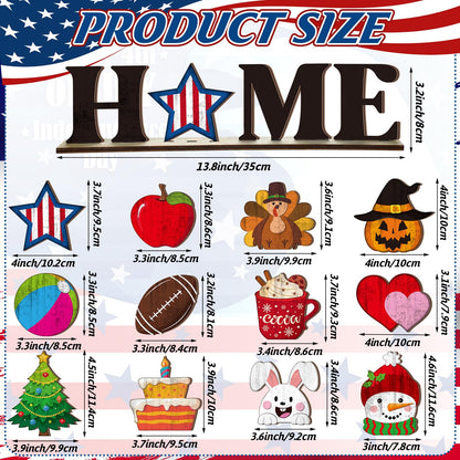 Wonderjune Interchangeable Seasonal Decor 250th 4th of July Independence Day Home Tabletop Sign with 20 Pcs Icons Home Wooden Sign for All Seasons Windowsill Shelf Mantel Decorations