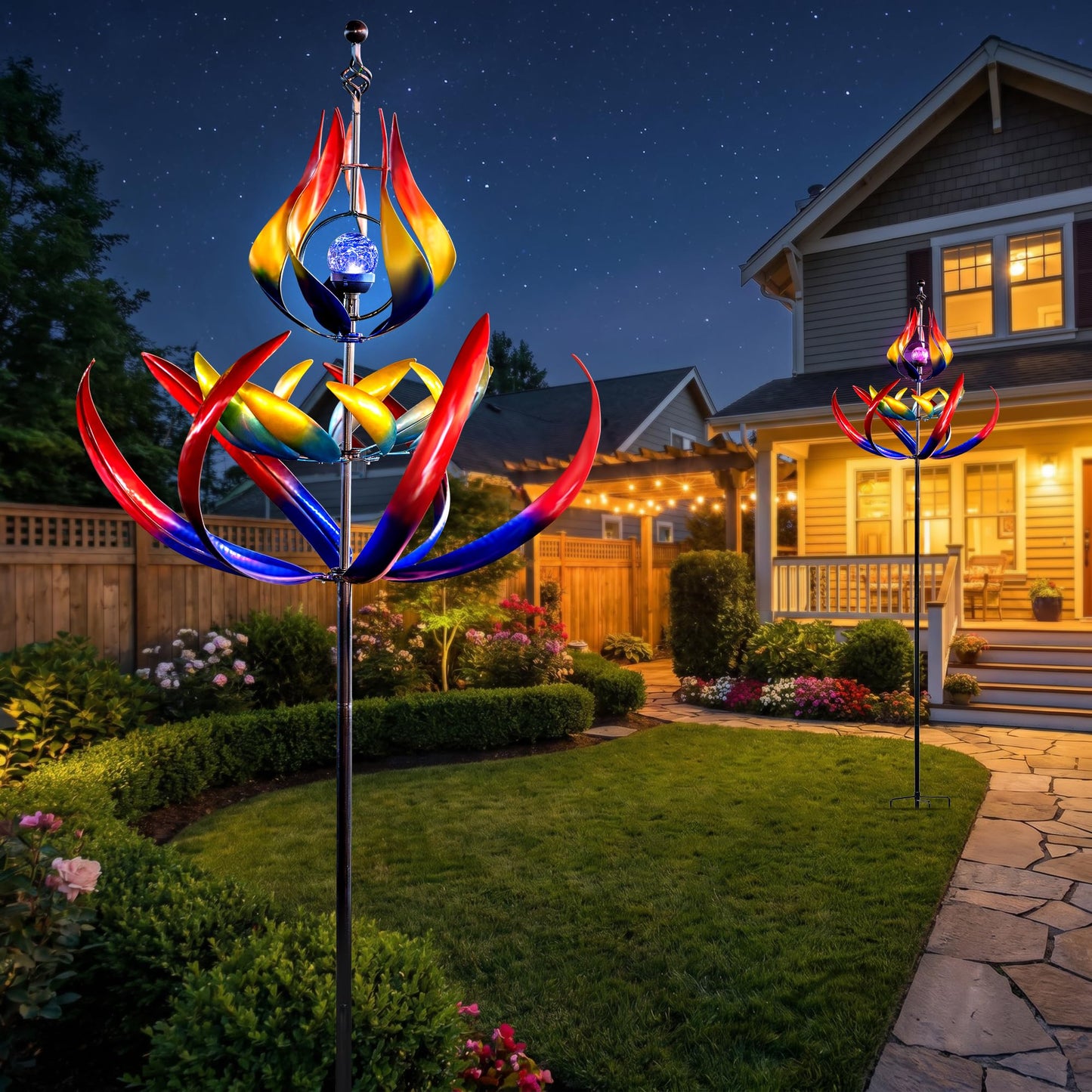 106" Solar Wind Spinners Outdoor Large Metal - Kinetic Wind Sculptures with Crackle Glass LED Globe, Heavy Duty Garden Decor for Outside Lawn Patio, Stable Stake Windmill Yard Art Gifts