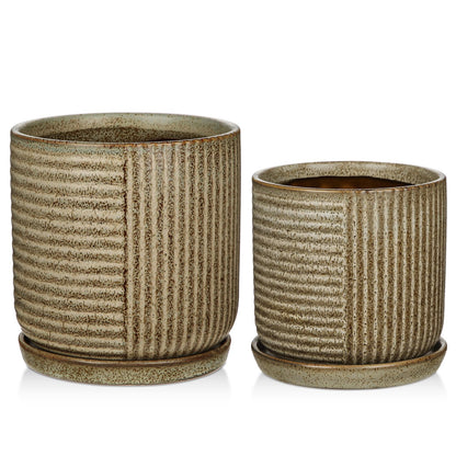 Oairse Ceramic Pots for Indoor Plants, 6.1 +4.9 inch Pots for Plants Set of 2 Brown Plant Pots with Drainage Holes and Saucers Texture Ceramic Planters Indoor Outdoor Flower Pot for Succulent