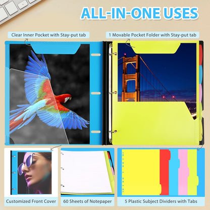 WOT I 2-Pack Telescoping 3 Ring Binder Notebooks - Customizable Cover, 5 Dividers & Pocket Folder in One Slim Organizer (60 Sheets Included), Blue