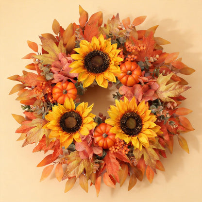 MAINGKAUNG Fall Wreath 22 Inch Fall Wreaths for Front Door with Orange Pumpkins Sunflower Berries Maple Leaf Autumn Wreath for Indoor Outdoor Thanksgiving Harvest Festival Celebrations