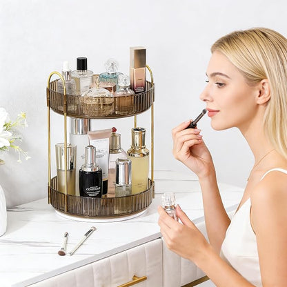 Aveniee 360 Rotating Makeup Organizer for Vanity, Perfume Sincare Organizers Bathroom Countertop Storage, Clear Cosmetics Lipstick Holder for Dresser,2 Tiers, Brown