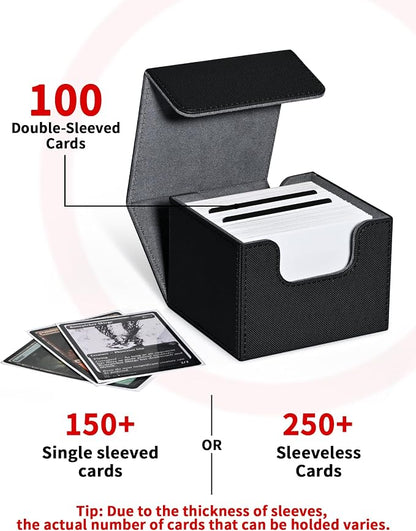 ZLCA Card Deck Box with 2 Dividers for MTG Cards, Large Horizontal Card Storage Box Fits 150+ Single Sleeved Cards, PU Leather Commander Deck Box for TCG CCG (Black)