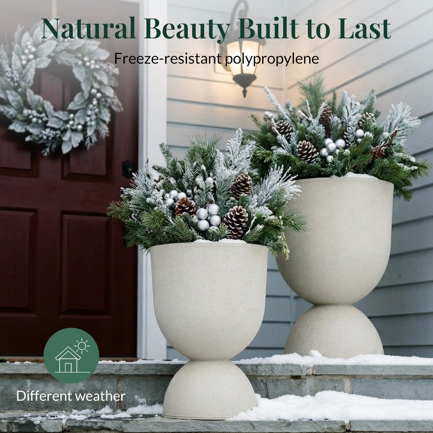 KOL Planters Flower Pots, Large Plastic Urn Planters for Indoor Outdoor Plants, Beige Pedestal Planter Pots, 23 Inch Tall Decorative Planters with Drainage Holes & Plugs for Patio Garden, 1 Pack