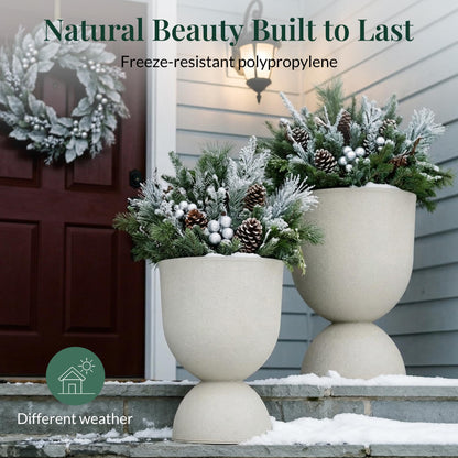 KOL Planters Flower Pots, Large Plastic Urn Planters for Indoor Outdoor Plants, Beige Pedestal Planter Pots, 23 Inch Tall Decorative Planters with Drainage Holes & Plugs for Patio Garden, 1 Pack