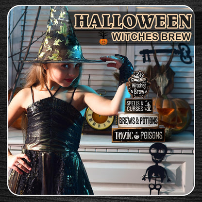 4 Pcs Halloween Table Decor Witches Brew Wooden Sign Halloween Tiered Tray Decor Farmhouse Witches Tabletop Centerpiece Spells Curses Potions Wooden Block Signs for Home Office Kitchen Shelf