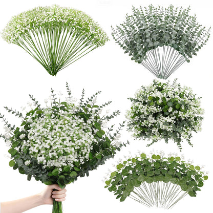 Suaycy 110pcs Mixed Faux Greenery: Real Touch Babys Breath Artificial Flowers Bulk, Eucalyptus Stems & Frosted Silver Dollar for Rustic Wedding Decor, Boho Farmhouse Table Centerpieces