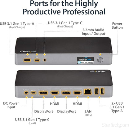 StarTech.com USB-C / USB-A Hybrid Docking Station for MacBook Pro / Air M1 M2 M3 M4 & Windows, Universal Dual 4K 60Hz HDMI DP Dock, Thunderbolt Compatible, 60W Laptop Charging