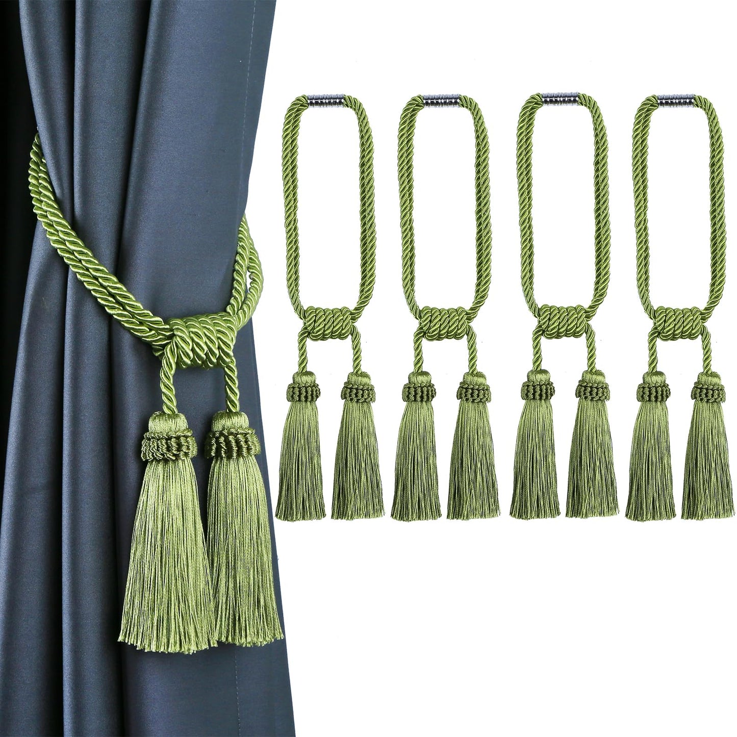 Fenghuangwu Magnetic Curtain Tiebacks Tassel Curtain Tieback Modern Handmade Tie Backs,Decorative Tassel Holdback for Draperies,Window Decor (Green, 4 Pack)