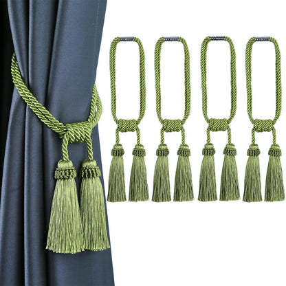Fenghuangwu Magnetic Curtain Tiebacks Tassel Curtain Tieback Modern Handmade Tie Backs,Decorative Tassel Holdback for Draperies,Window Decor (Green, 4 Pack)