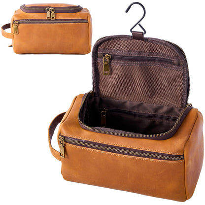 EURYNOME Leather Unisex Toiletry Bag Travel, Genuine Leather Shaving Dopp Kit -Mens Toiletry Bag With Hook -Makeup Cosmetic Organizer Kit - Men Travel Toiletries Bag Groomsmen Gift