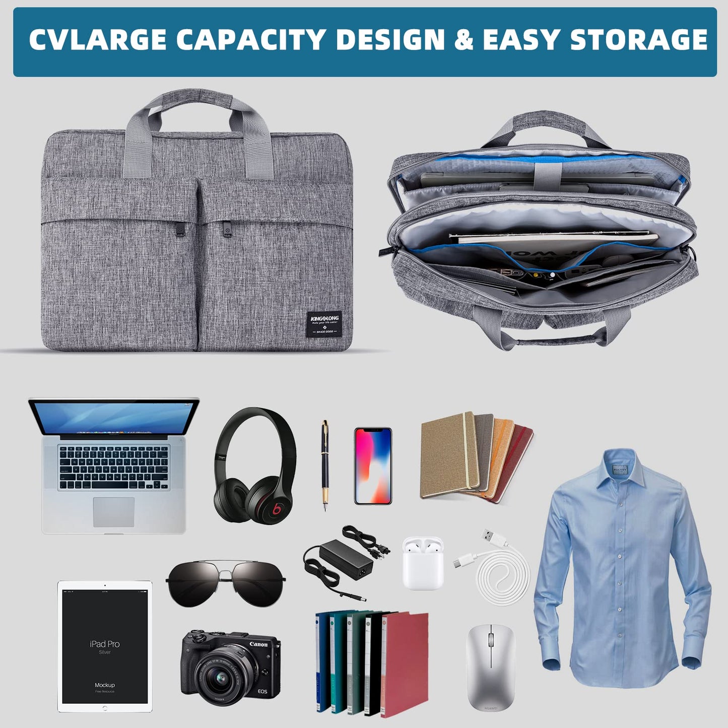 KINGSLONG 17.3 inch Laptop Briefcase Bag, Laptop Shoulder Bag for Men Women, Water Resistant Business Crossbody Bag with Shoulder Strap, Computer Bag for Asus Acer Dell Thinkpad, Grey