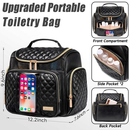 Large Leather Toiletry Bag for Women Men,Bathroom Bag,Water Resistant Shower Bag,Makeup Bag,Portable Shower Caddy for College Dorm,Hanging Travel Toiletry Bag with Transparent Waterproof Phone Pocket