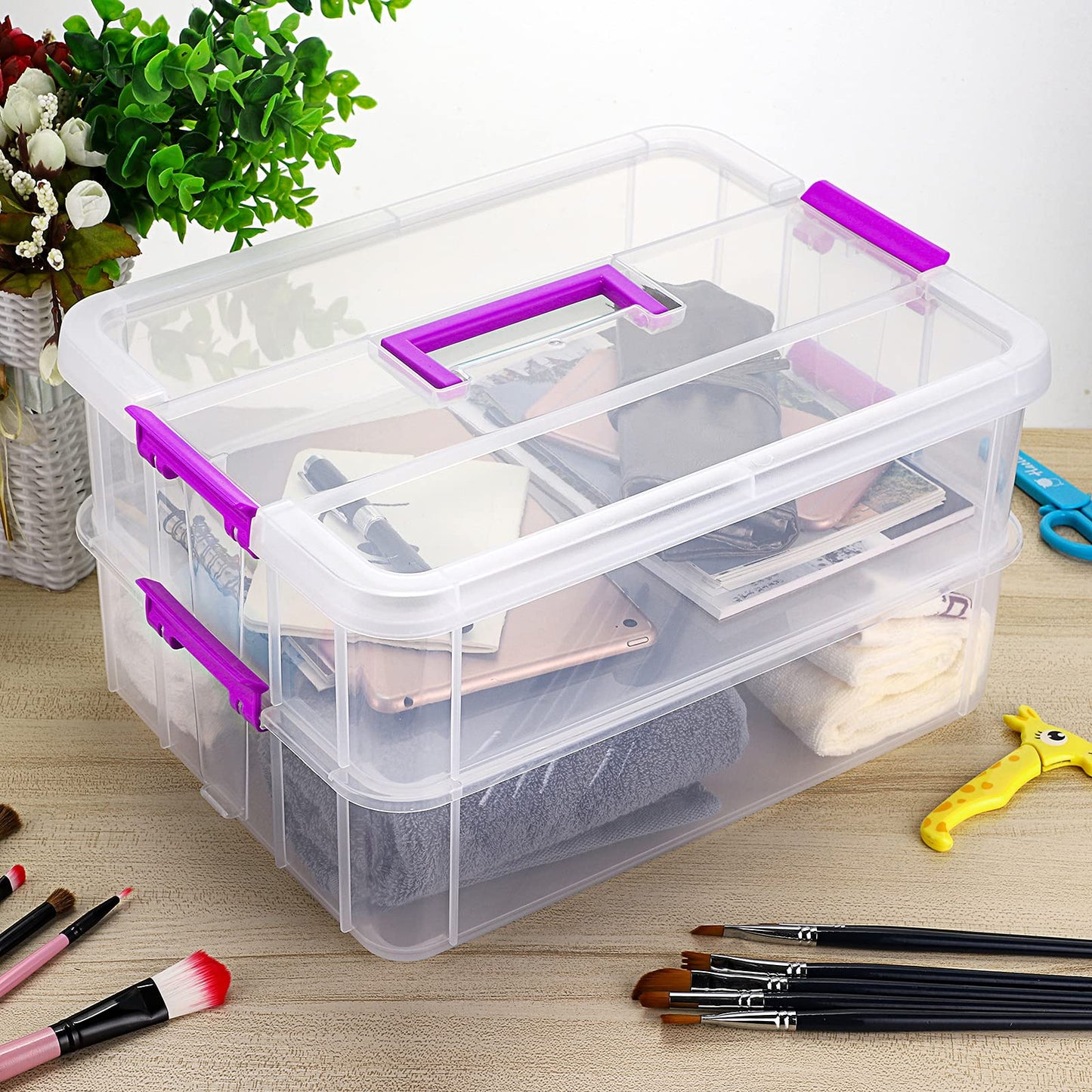 BTSKY 2 Layer Stack & Carry Box, Plastic Multipurpose Portable Storage Container Box Handled Organizer Storage Box for Organizing Stationery, Sewing, Art Craft, Jewelry and Beauty Supplies(Purple)