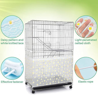 Shappy Large Bird Cage Net Cover for Seed Bird Cage Skirt Seed Catcher with Daisy Pattern Adjustable Nylon Protector for Budgie Parrot Parakeet Macaw(X-Large,White Daisy)
