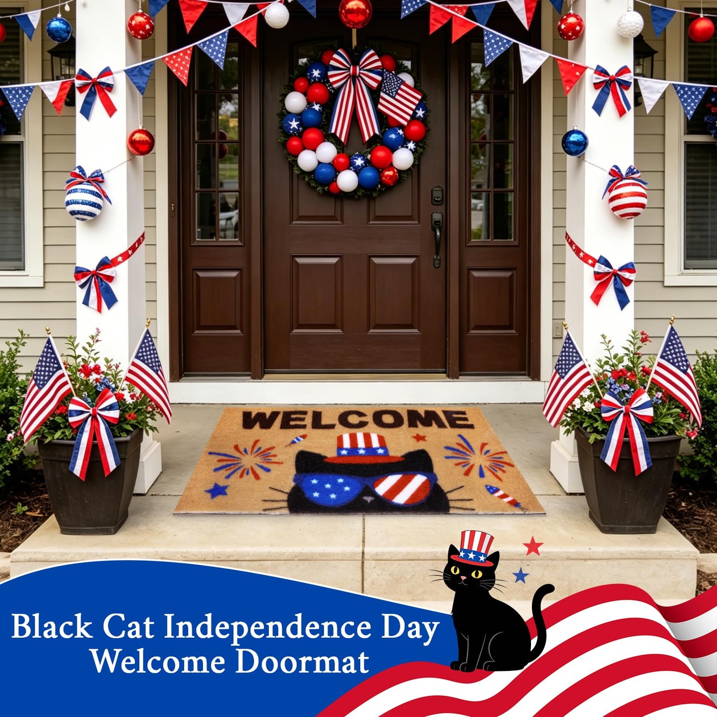 Prewplam 4th of July Patriotic Welcome Doormat- Black Cat 250th Anniversary America Coir Doormat, Front Rubber Non Slip Backing Mats for Outdoor Entryway Entrance Porch Patriotic Decor,73 x 43
