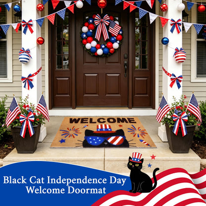 Prewplam 4th of July Patriotic Welcome Doormat- Black Cat 250th Anniversary America Coir Doormat, Front Rubber Non Slip Backing Mats for Outdoor Entryway Entrance Porch Patriotic Decor,73 x 43