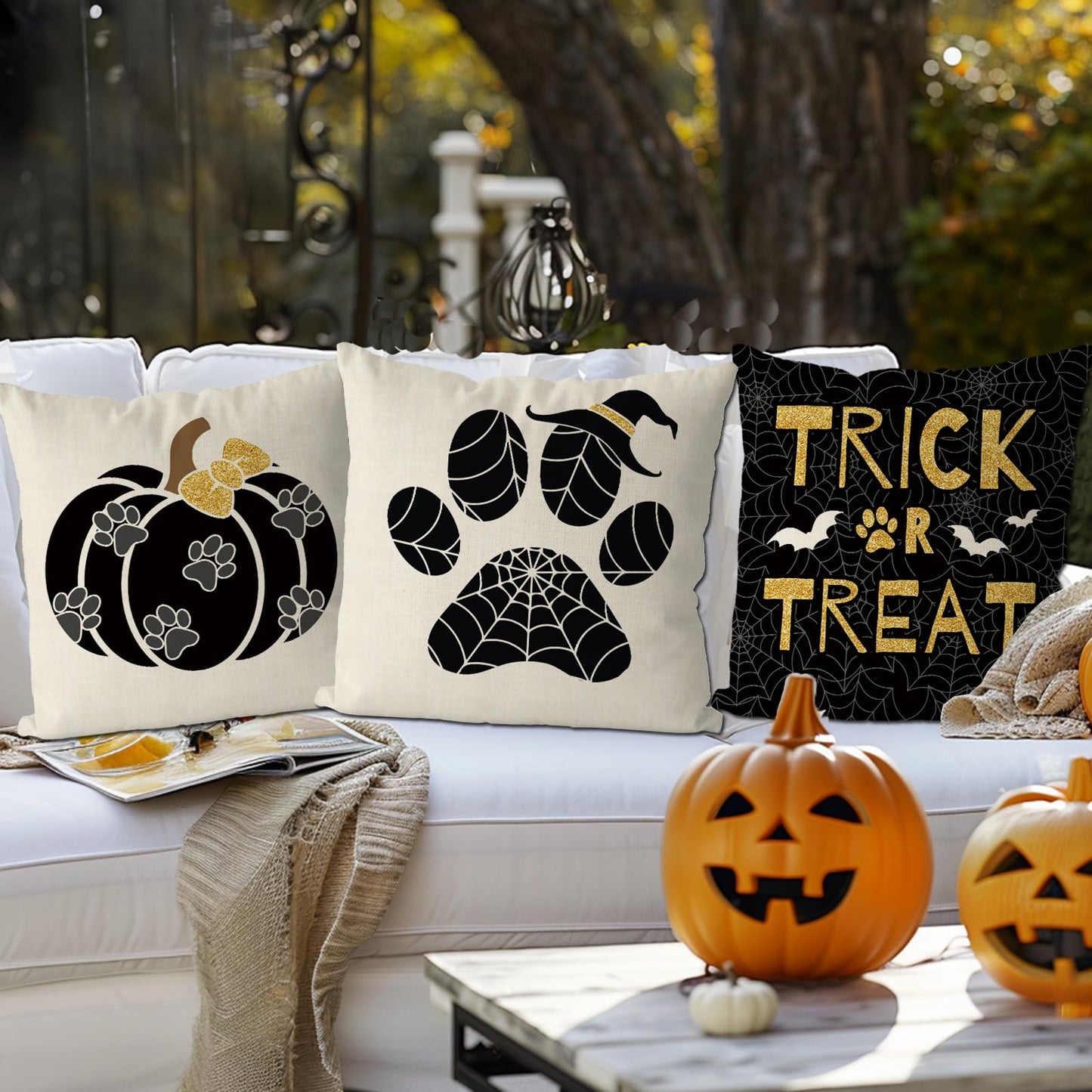 GAGEC Halloween Pillow Covers 18x18 Inch Set of 4 Dog Paws Pumpkin Throw Pillow Covers Holiday Farmhouse Pillowcase Couch Cushion Case for Indoor Outdoor Home Sofa Decor