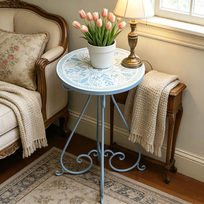 Zorvynelle Mosaic Outdoor Side Table 14" Diameter Metal Round Plant Stand Ceramic Tile Round Table Garden Patio Side Table for Flower Pots Vase Home Decor (Flower#1)
