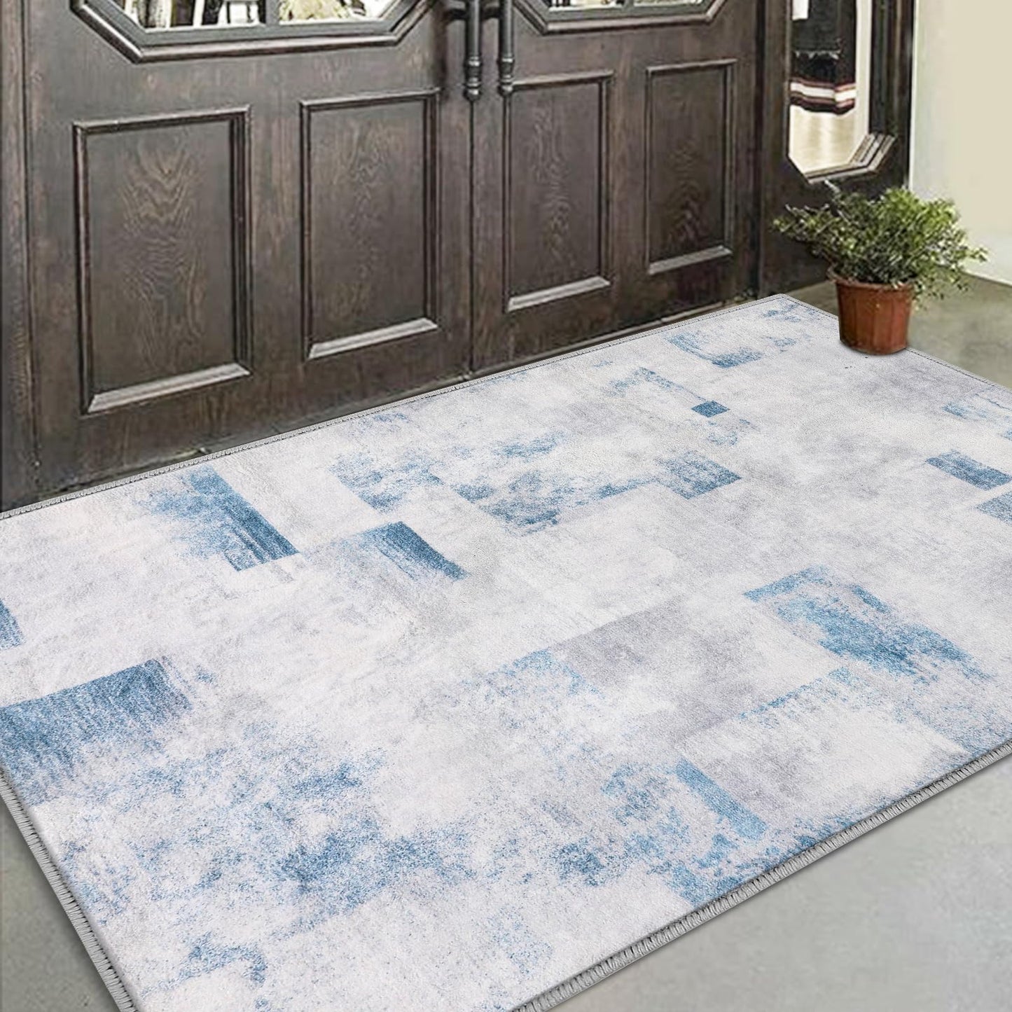 COMSLE Door Mat, Front Door Mat Indoor for Entrance Faux Wool Absorbent Non Slip Modern Throw Rug for Entryway Bedroom Muddy Paws - Pet Friendly, 47x71 Inches,Square Blue Machine Washable