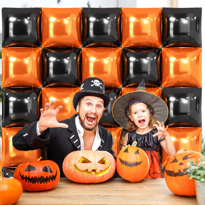 NISOCY 25PCS Halloween Black Orange Square Foil Balloons Wall Backdrop Double Sided Black Orange Balloons Arch Kit for Birthday Graduation Baby Shower Anniversary Party Decorations
