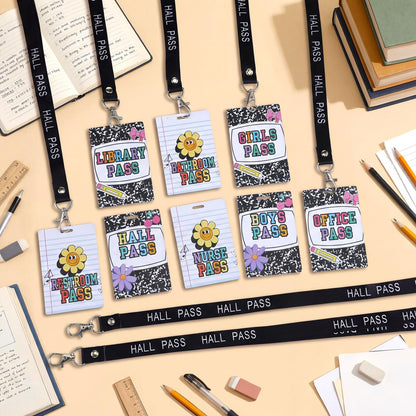 Fuyoooo 16 Set Flower Hall Pass Lanyards Unbreakable PVC Composition Notebook Classroom Passes with Lanyards Bathroom Boy Girl Library Hall Office Nurse Pass 2.4 x 3.5