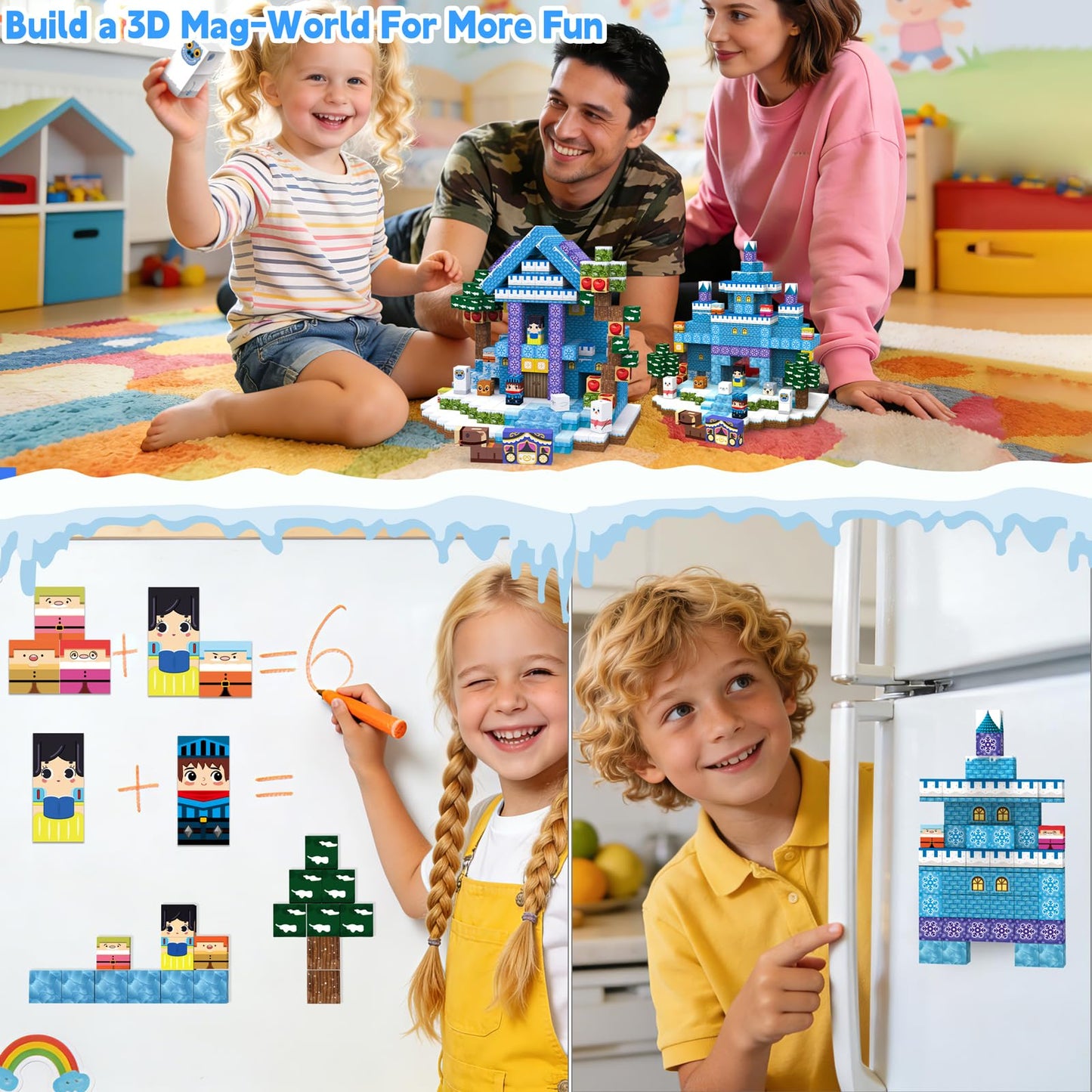 200pcs Magnetic Blocks, Magnetic Blocks for Kids Ages 4-8, Magnetic Cubes Sets for Ice Castle Build, Stacking Magnets for Kids, Birthday Gifts for Boys and Girls Age 3+ Years Old-11unique characters
