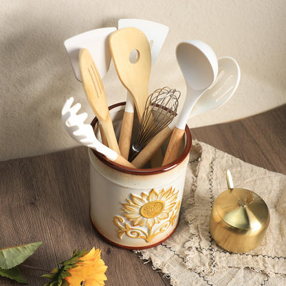 SOCOSY Ceramic Retro Sunflower Embossed Kitchen Utensil Holder, Large Cooking Utensil Crocks for Kitchen Countertop, Utensil Organizer