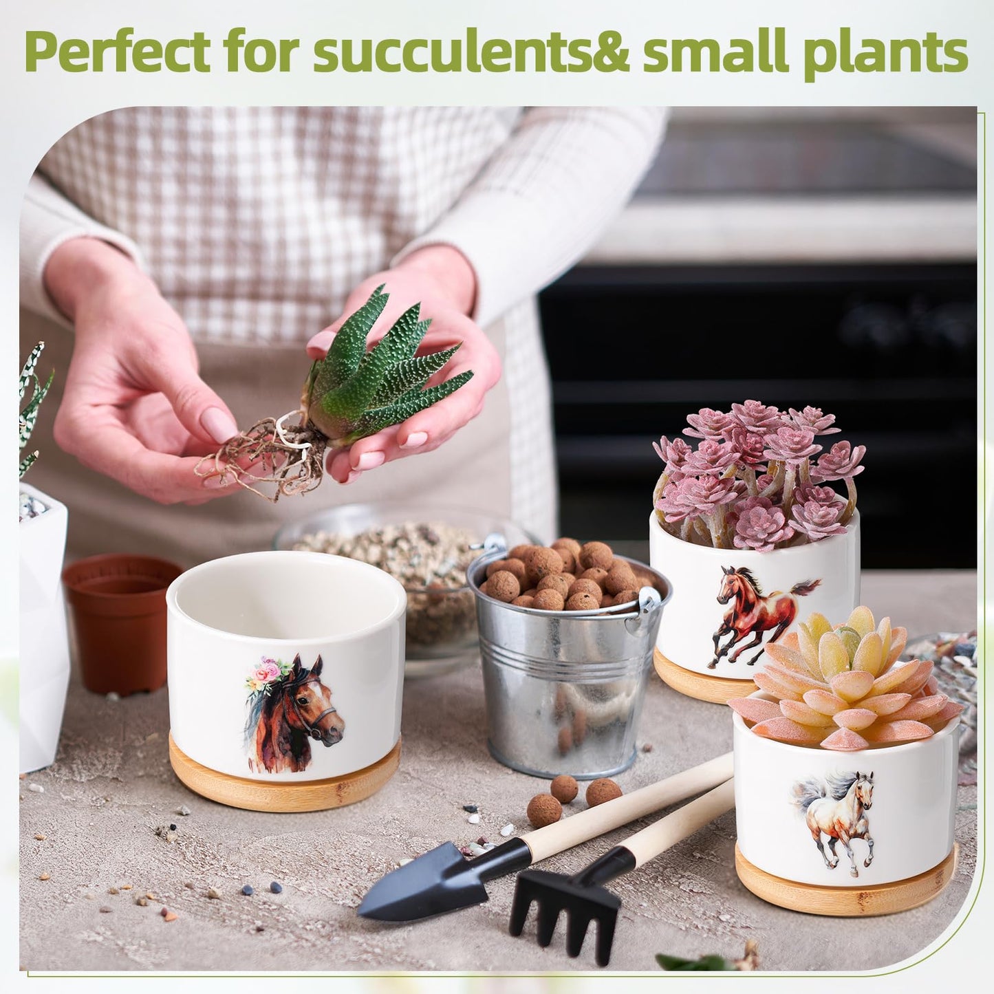 Vesici 3 Pcs Horse Gifts for Women Horse Planter Succulent Pots with Drainage and Bamboo Tray Small Ceramic Succulent Planters Animal Plant Pot for Graduation Office Home Decor Plant Lovers