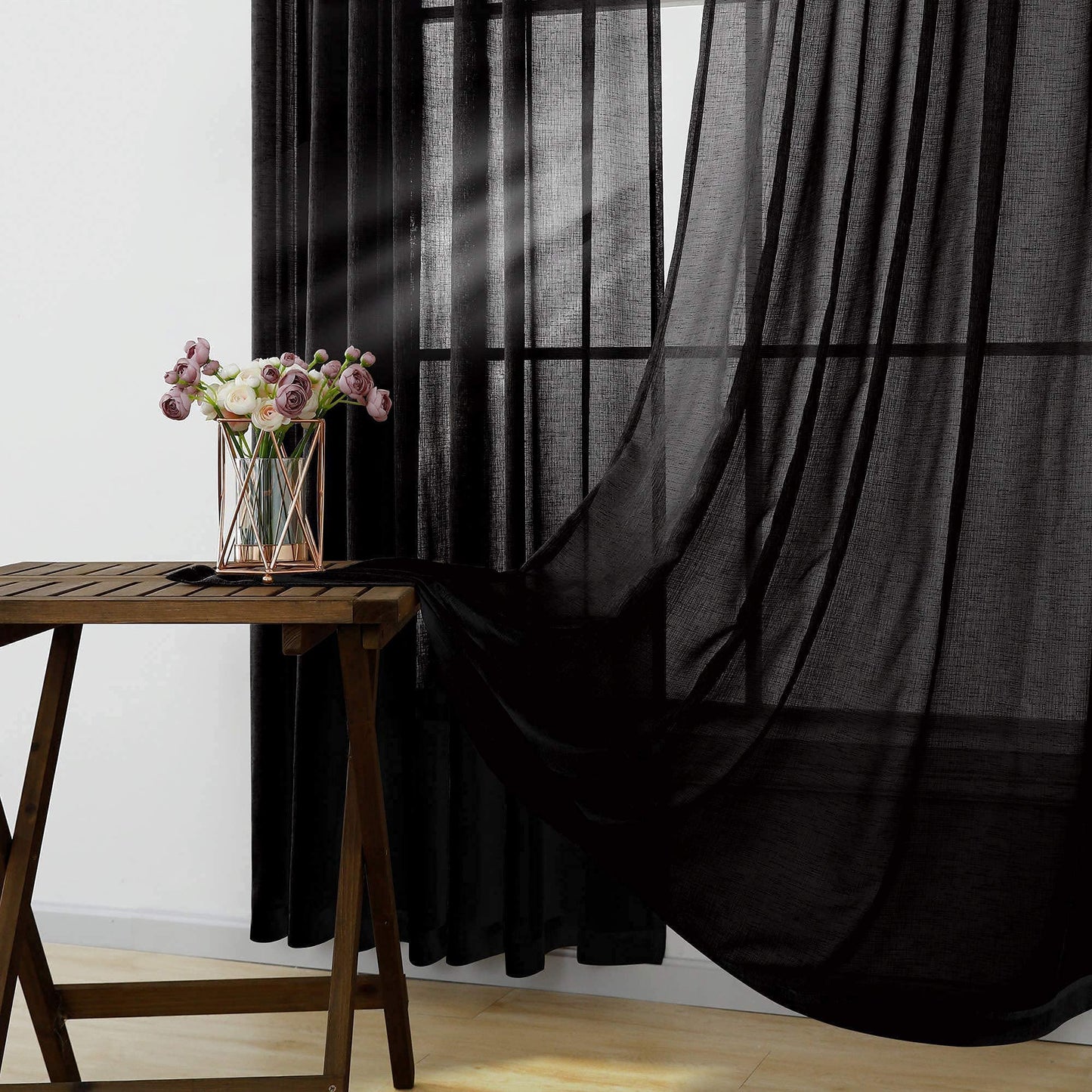 KOUFALL Black Sheer Curtains 84 Inches Long for Bedroom 2 Panels Set,Linen Look Rod Pocket Semi Light Filtering Boho Gothic Curtains for Living Room Window
