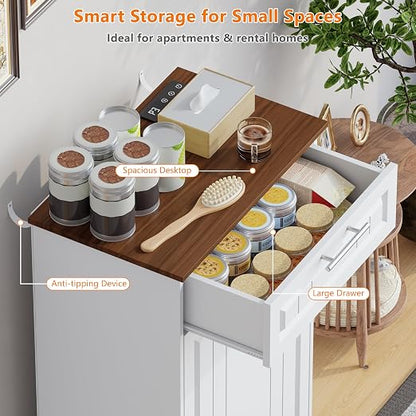 Single 10 Gallon Tilt Out Trash Can Cabinet with Deodorizing Function, Wooden Hidden Garbage Can Holder with Storage Drawers for Kitchen and Dining Room, Laundry Hamper Cabinet for Bathroom, White
