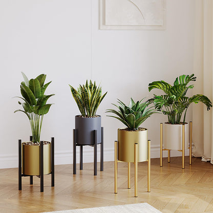 Rioneta Metal Plant Pot with Adjustable Stand, Mid Century Modern Planter Holder Capacity of 160LB for 8 to 14 Inch, Living Room Garden Bedroom Office Indoor Outdoor Beige & Golden