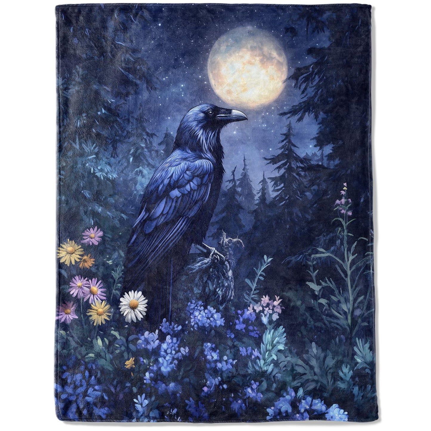 ainori Raven and Moonlit Forest Flannel Blanket - Lightweight Soft Cozy Gifts Blankets for Gothic Lovers, Men,Women,Goth Mystical Night Style Throw,Home Room Modern Halloween Decor 50x60in